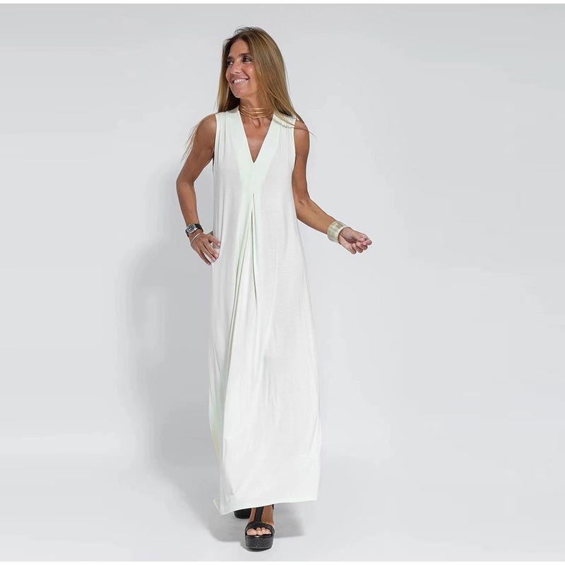 Women’s Sleeveless Dress - V-Neck Flowy Fit - Elegant Pleated Detail