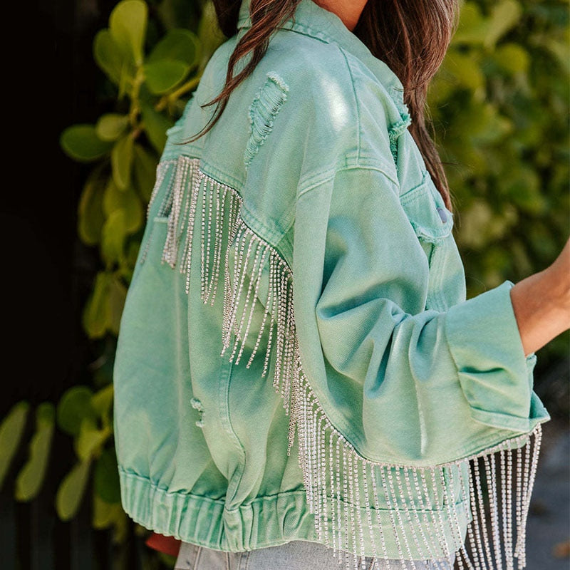 Women's denim jacket with glitter fringes