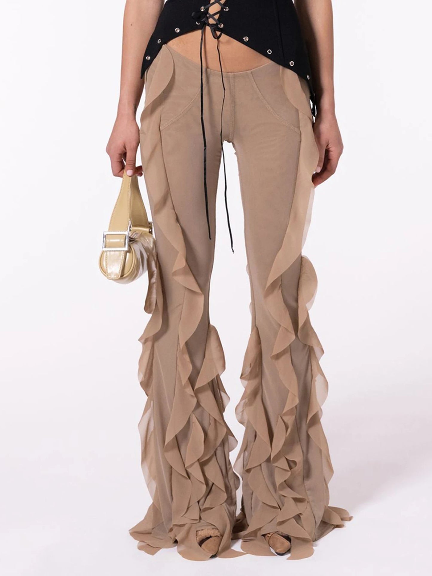Women's ruffle-trim sheer wide-leg pants