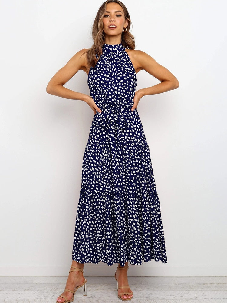 Women’s Halter Midi Dress – Fit-and-Flare – Polka Dot – Waist Tie – Breathable Blend