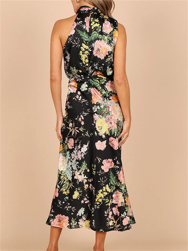 Women's Sleeveless Maxi Dress - Draped High Neck - Fitted Waist - Floral Elegant Wear