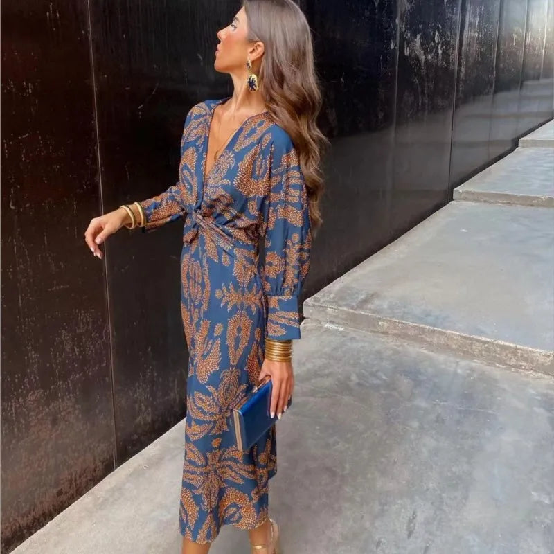 Women's Midi Dress - V-Neck - Long Sleeve - Form-Fitting Elegant Style