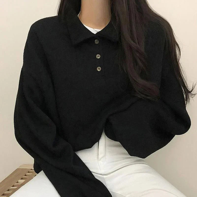 Women's polo collar loose long-sleeved sweater