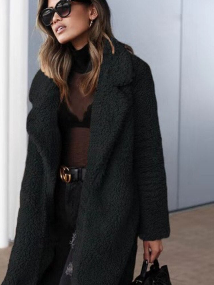 Women's lapel plush open front coat