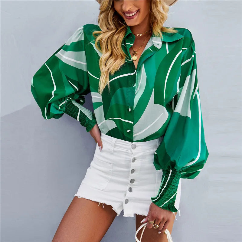 Women's Blouse - Floral Print - Relaxed Fit - Long Sleeve Smocked Cuffs - V-Neck Buttons