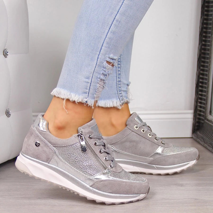Women's Casual Sneakers - Soft & Textured Panels - Lace-Up with Side Zipper - Cushioned Sole