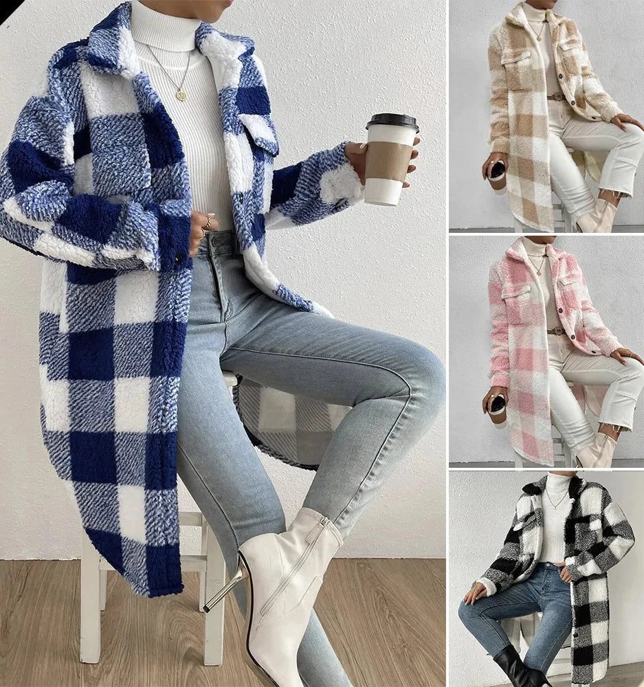 Women's autumn winter long plaid fleece sweatshirt coat