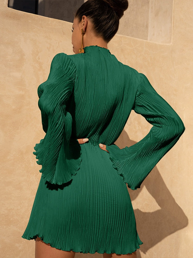 Women's Mini Dress - High Neck - Long Sleeve - Pleated Texture - A-Line Silhouette