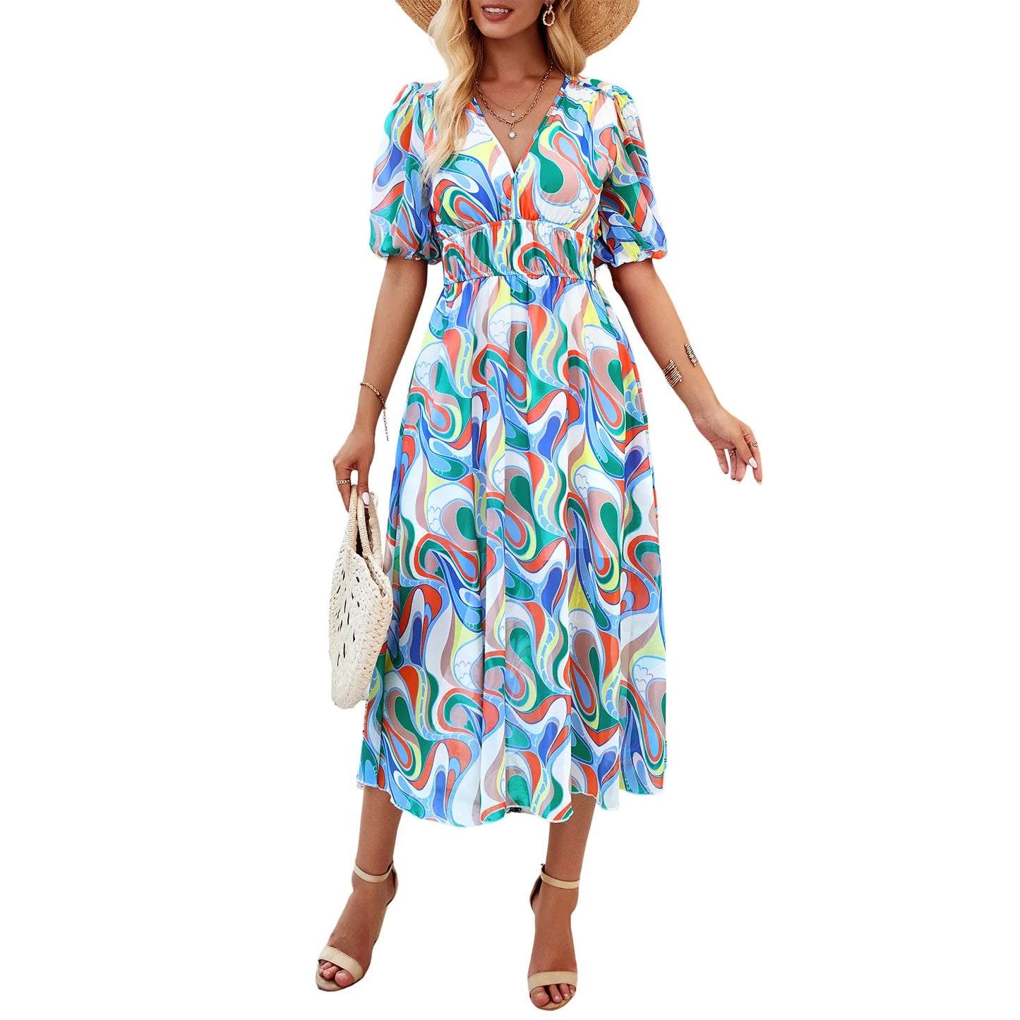 Women’s Midi Dress – Lightweight Chiffon – V-Neck – Puff Sleeves – Elastic Waist