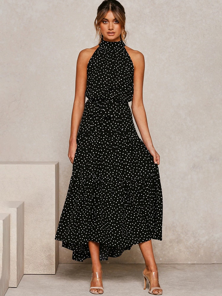 Women’s Halter Midi Dress – Fit-and-Flare – Polka Dot – Waist Tie – Breathable Blend