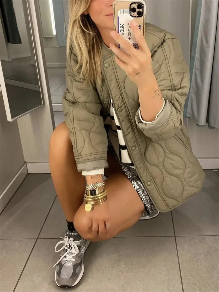 Women's autumn winter round neck loose snap button jacket