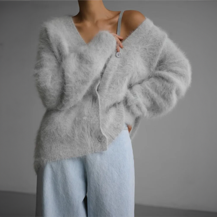 Women's oversized fuzzy v-neck cardigan