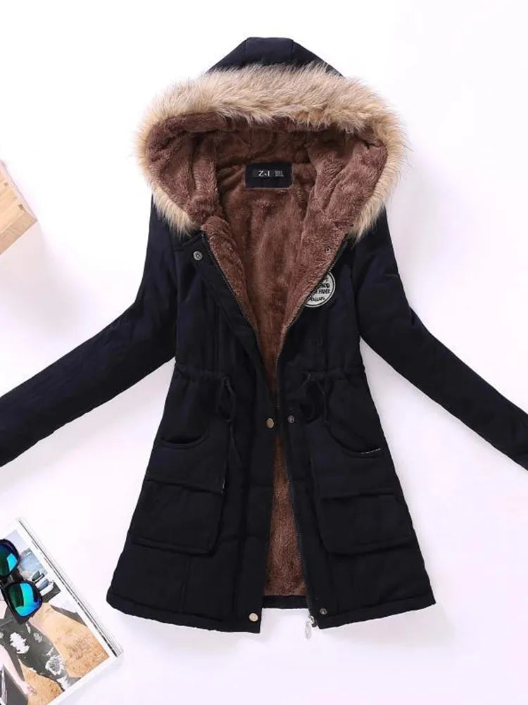 Saskia - long sleeve hooded mid-length coat