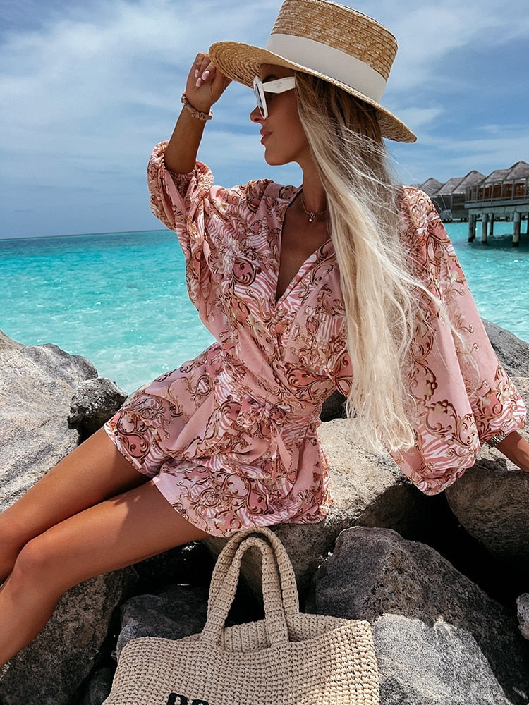 Women's Romper - Wrap V-Neck - Long Wide Sleeves - Lightweight Flowy Casual Wear
