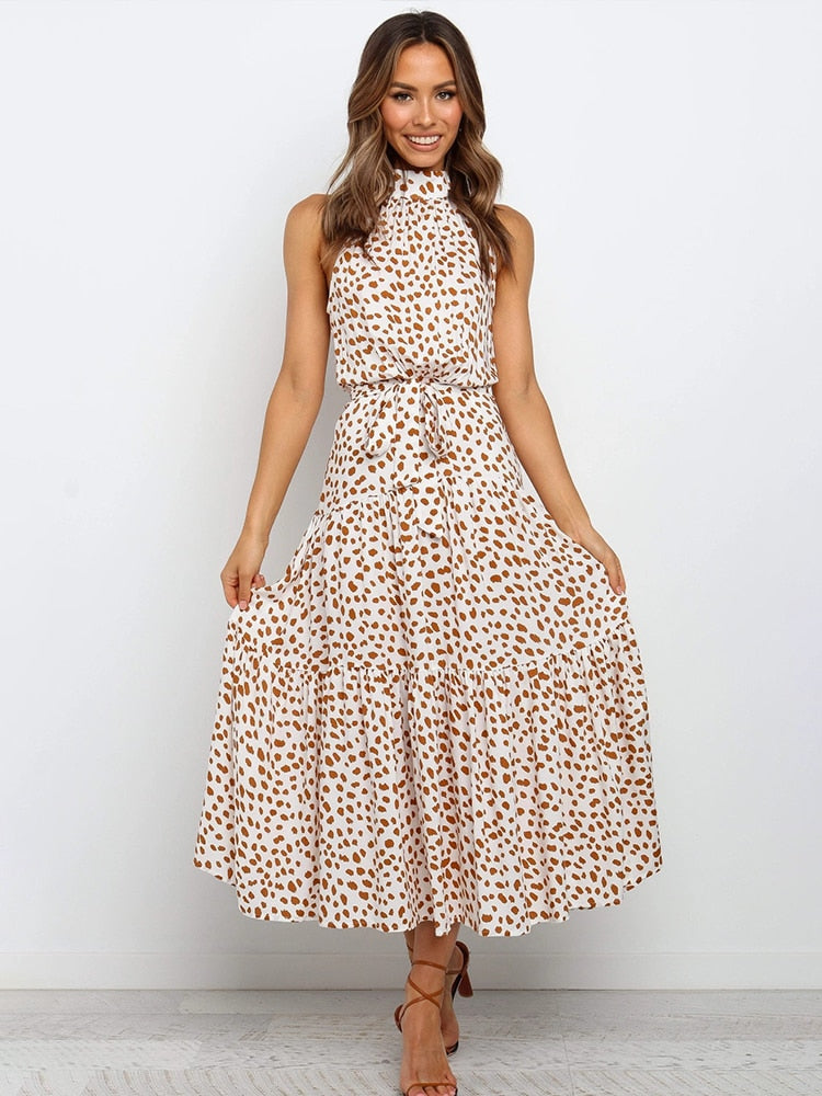 Women’s Halter Midi Dress – Fit-and-Flare – Polka Dot – Waist Tie – Breathable Blend
