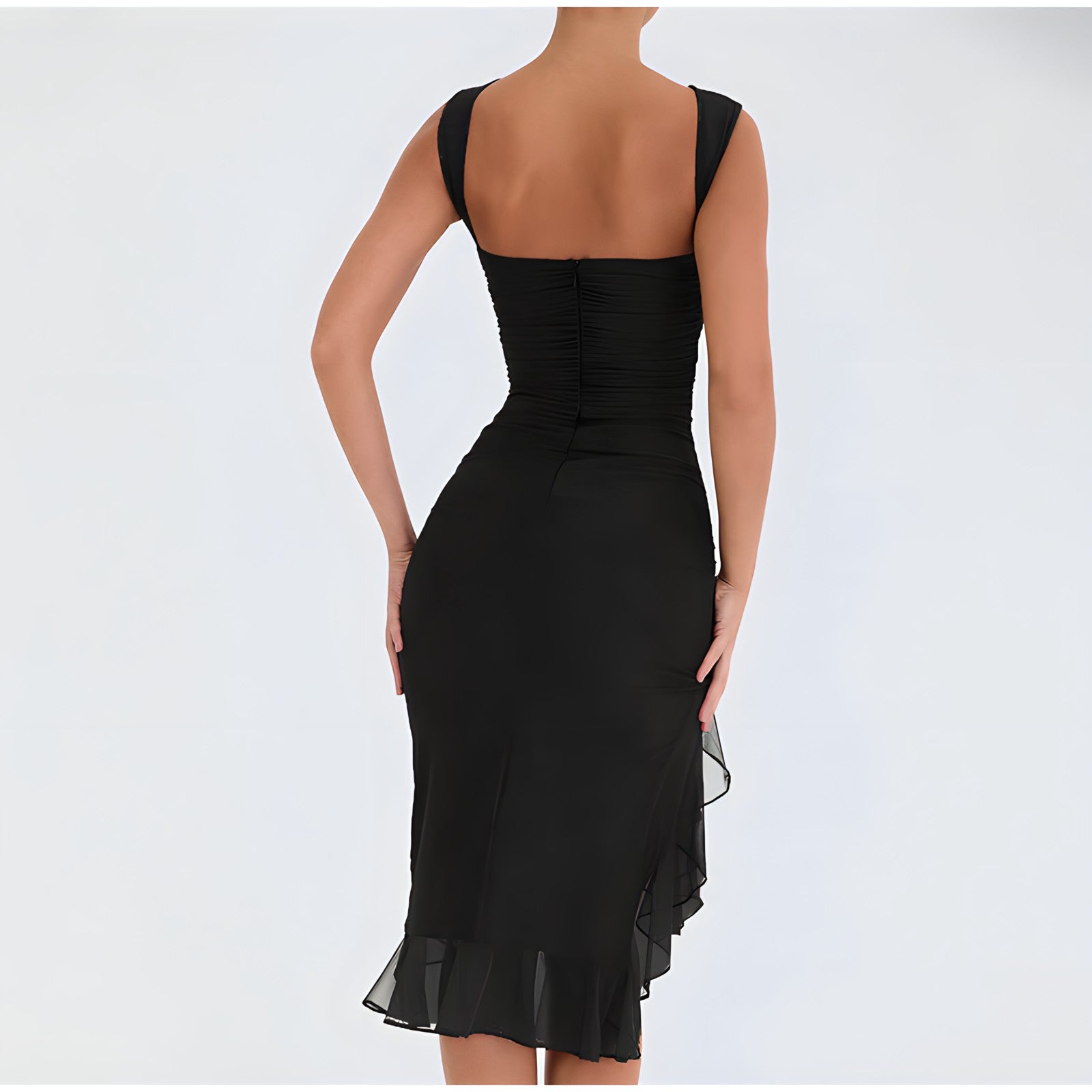 Ruched Bodycon Asymmetrical Frill Hem Cocktail Dress