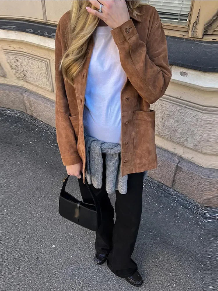 Women’s Oversized Shirt - Button-Up Relaxed Fit - Long Sleeve Suede Leather