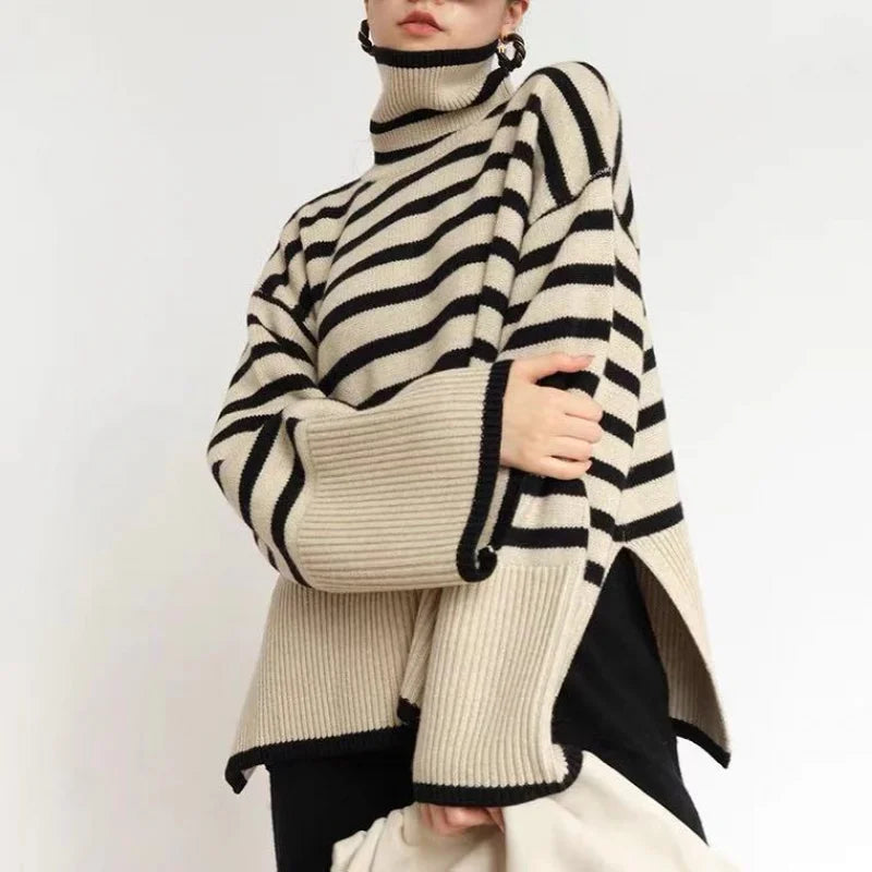 Women’s Turtleneck Pullover – Oversized Fit – Ribbed Knit – Striped Casual Sweater