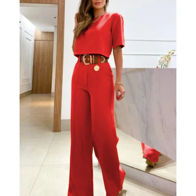 Women's summer short-sleeved cropped top wide leg pants set