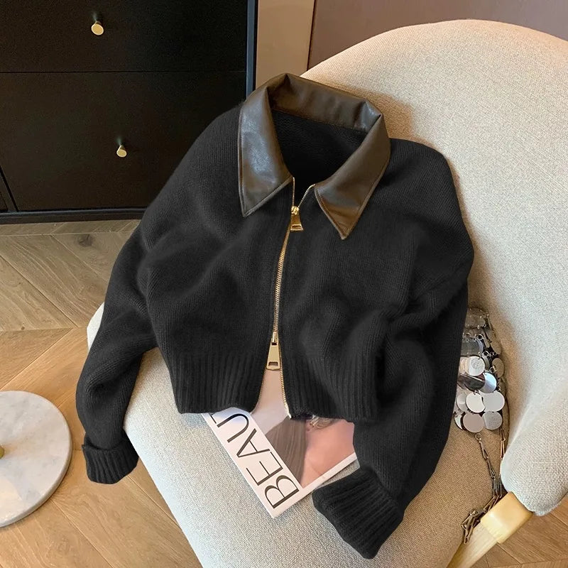 Women’s leather polo collar knitted cardigan with double-head zipper