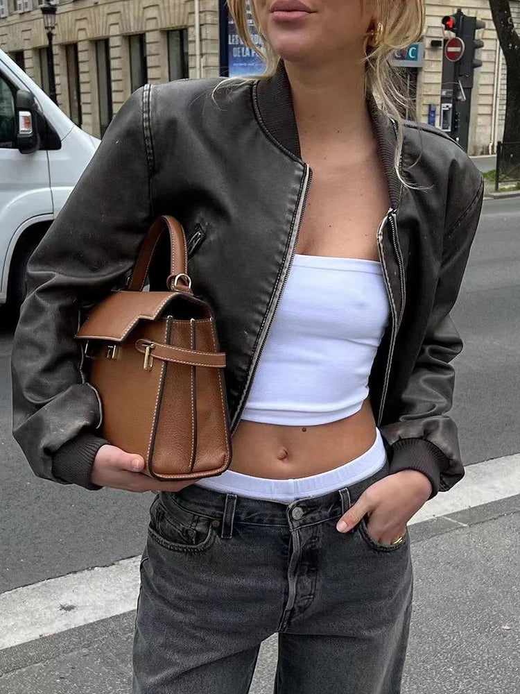 Women’s Bomber Jacket - Cropped Fit - Faux Leather - Zip Front - Ribbed Collar & Cuffs
