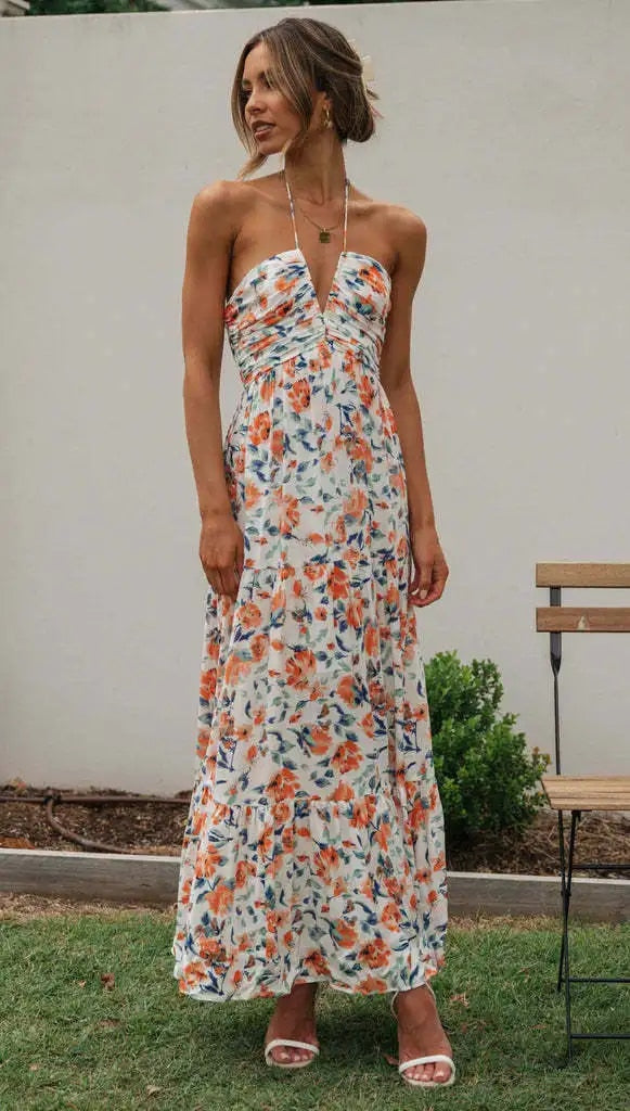 Women's Sleeveless V-Neck Floral Print Maxi Dress