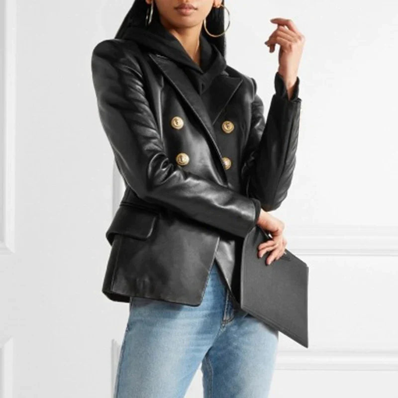 Women's double button tailored leather blazer