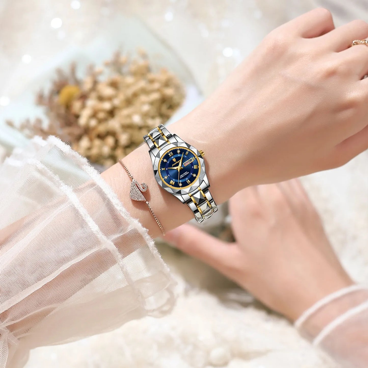 Two-tone silver women's watch with diamond accent