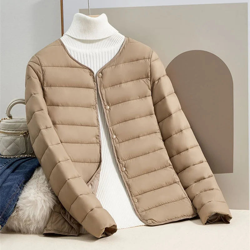 Women's slim fit short light long sleeve down jacket