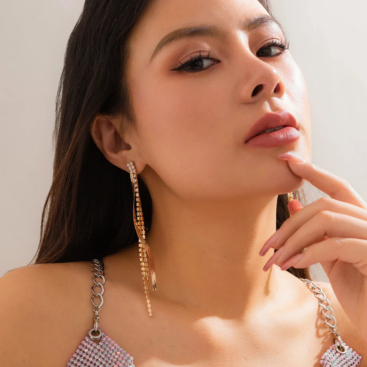 Diamond Studded Tassel Long Earrings