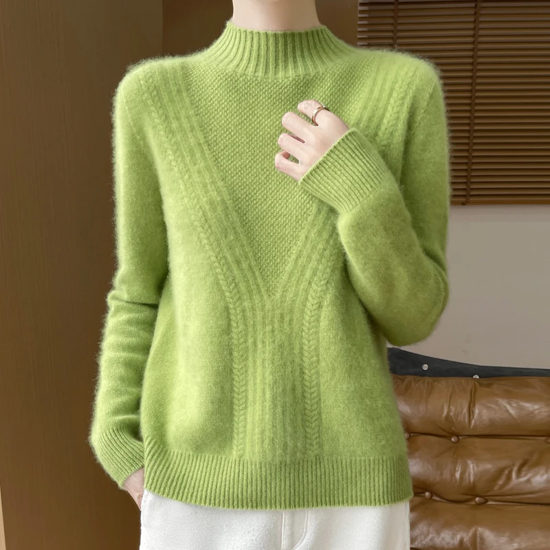 Women’s Pullover Sweater – Wool Blend – Relaxed Fit – Half High Collar – Ribbed Knit