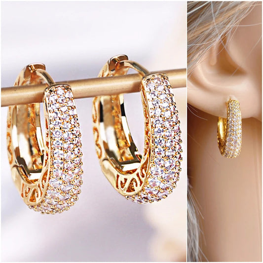 Hollow Paved CZ Gold Hoop Earrings