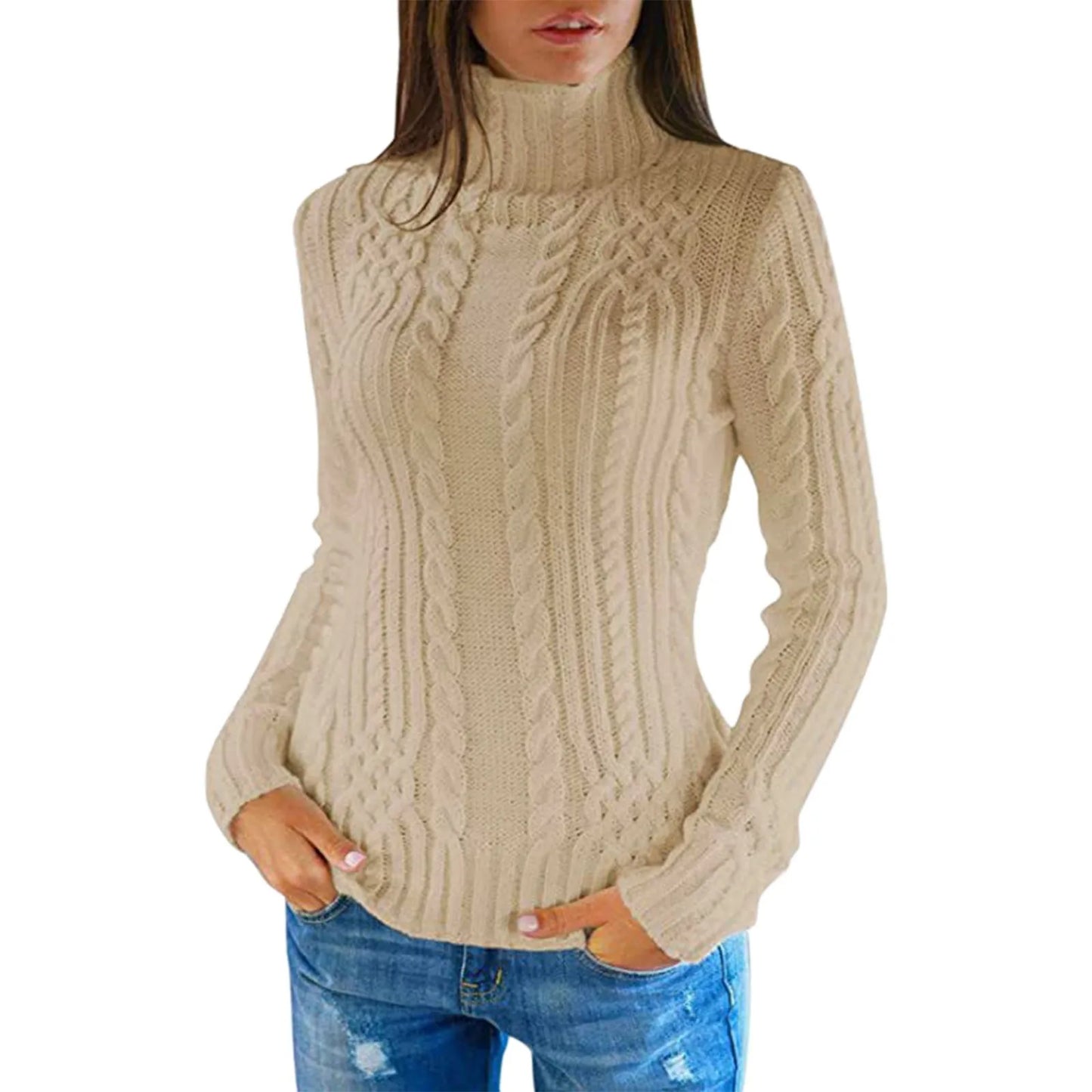 High-neck cable knit sweater for women