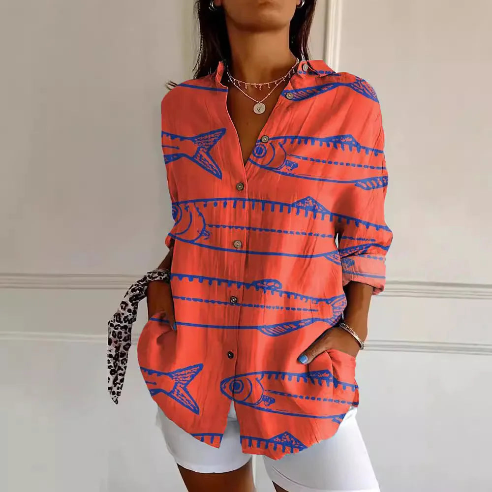 Women's Button-Up Blouse - Relaxed Fit - 3/4 Sleeve - Patchwork Floral Print