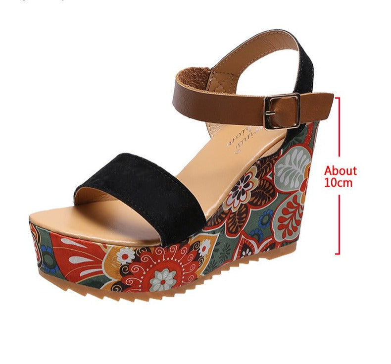 Women's Wedge Sandals - High Platform - Ankle Strap - Stylish Printed Heel