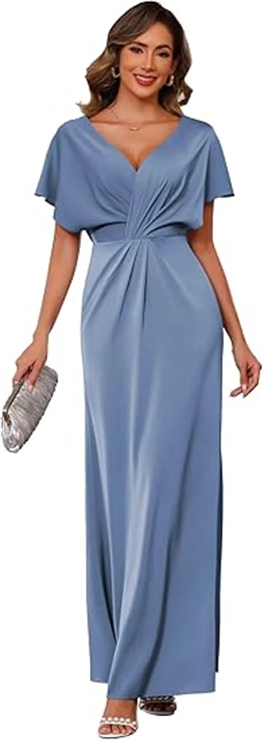 Women’s Maxi Dress – Satin Feel – Draped Waist – V-Neck – Short Sleeve Formal Fit