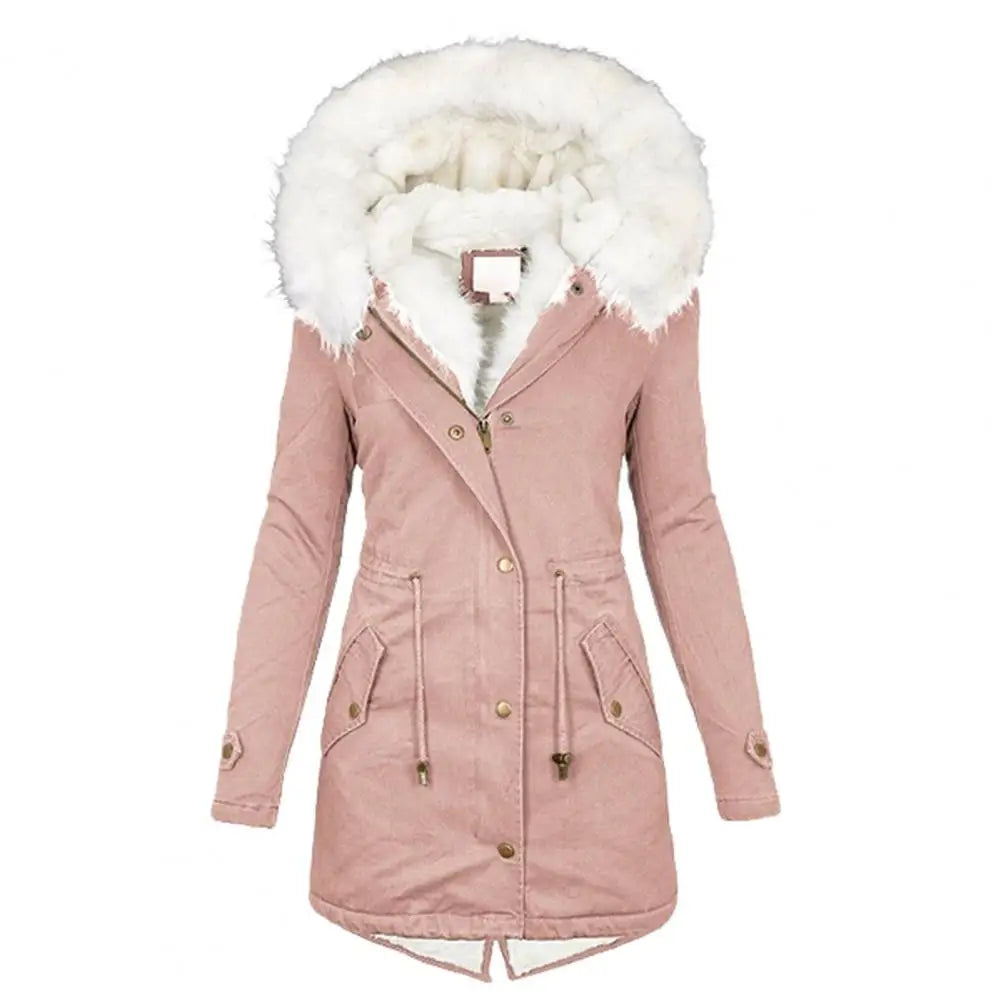 Women's Parka Coat - Long Length - Faux Fur Hood - Warm Padded - Zip Closure