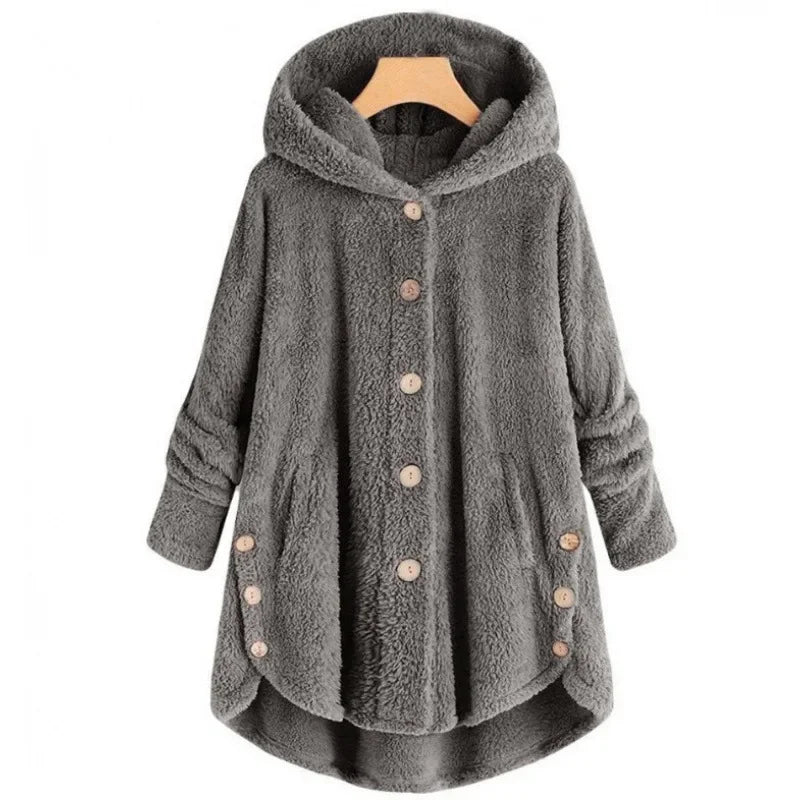 Women’s Fleece Jacket – Relaxed Fit – Hooded – Button Front – Long Back Hem – Pockets