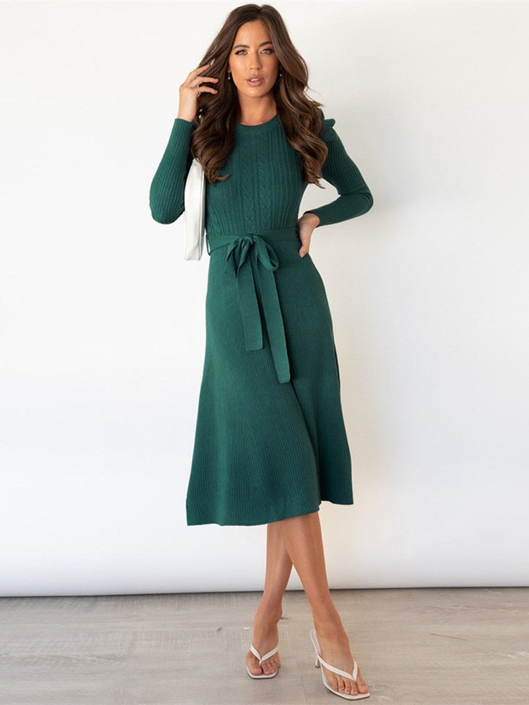 Fit and Flare Tie Waist Midi Dress