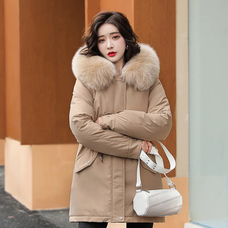 Women's long faux wool-lined parka with fur collar