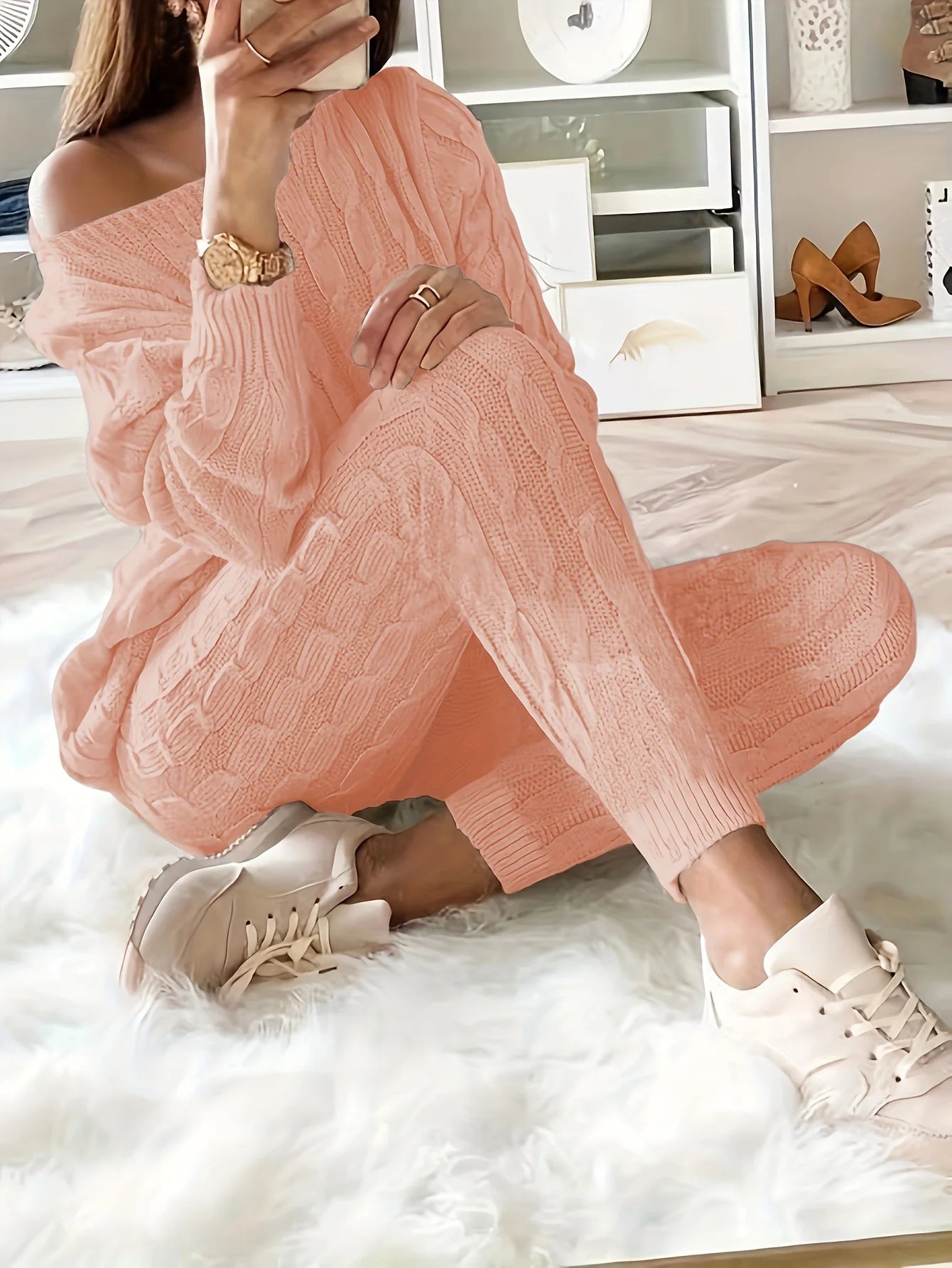 Women's casual knitted sweater and elastic pants set