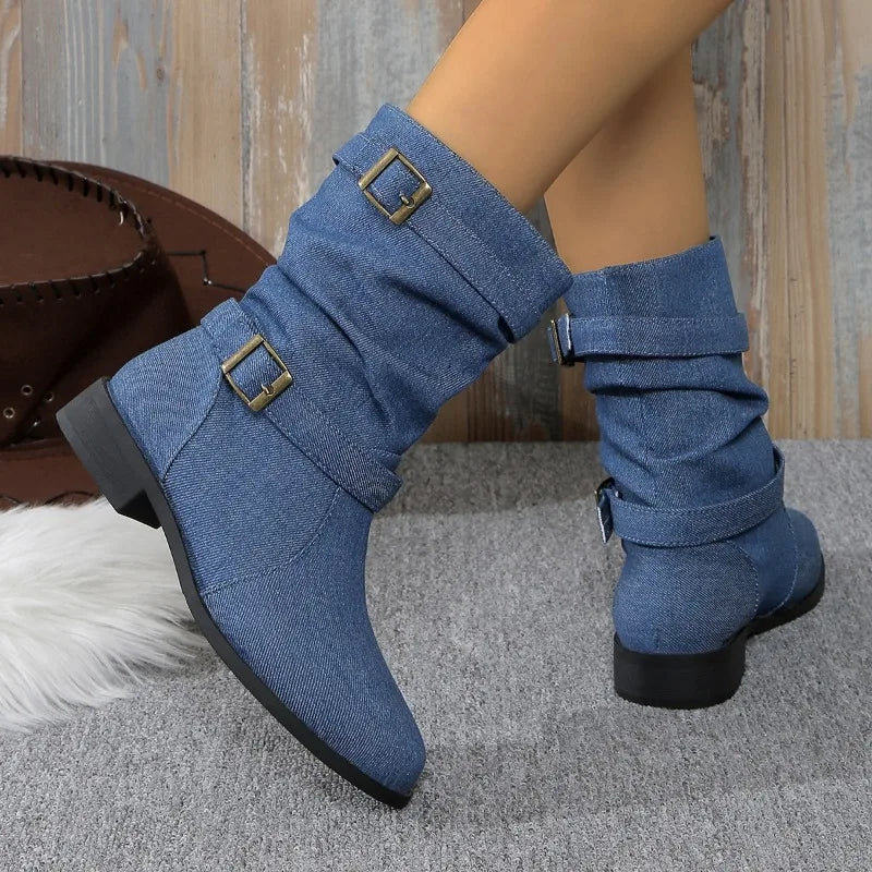Women's denim buckle ankle boots