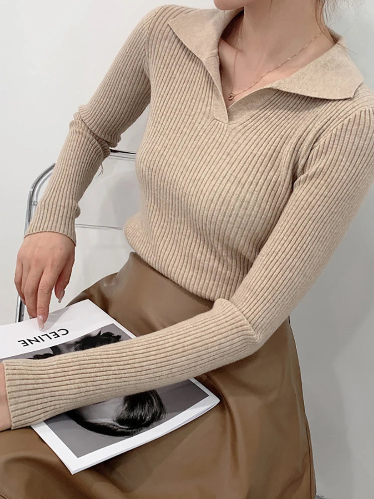 Slim Ribbed Knit Lapel Sweater Pullover