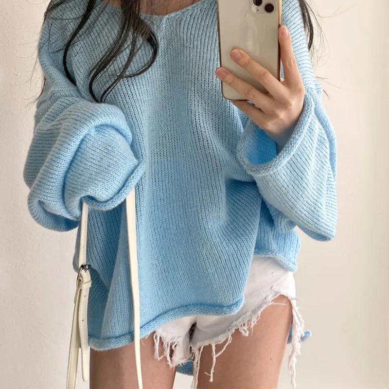 Women's vintage loose v-neck slit rolled edge sweater