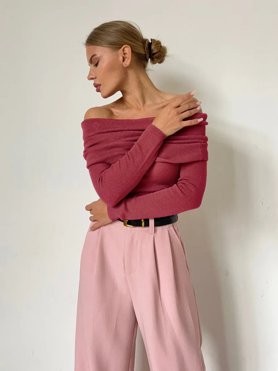 Women’s Off-Shoulder Top – Ribbed Knit – Fitted Silhouette – Long Sleeve Casual Wear