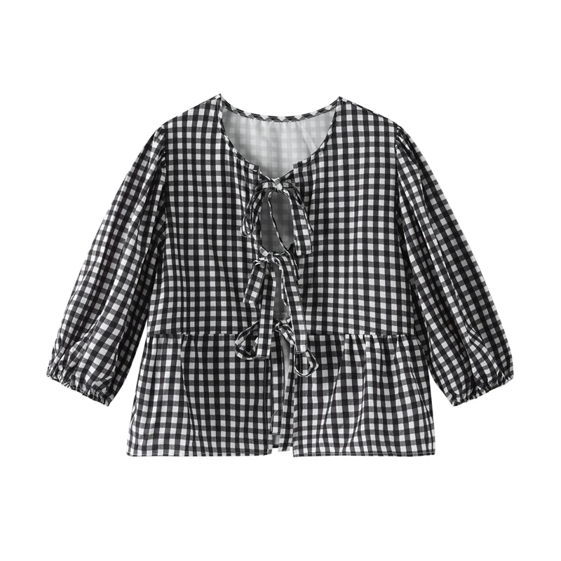 Women's Blouse - Puff Sleeve - Loose Fit - Striped Lightweight Tie-Neck