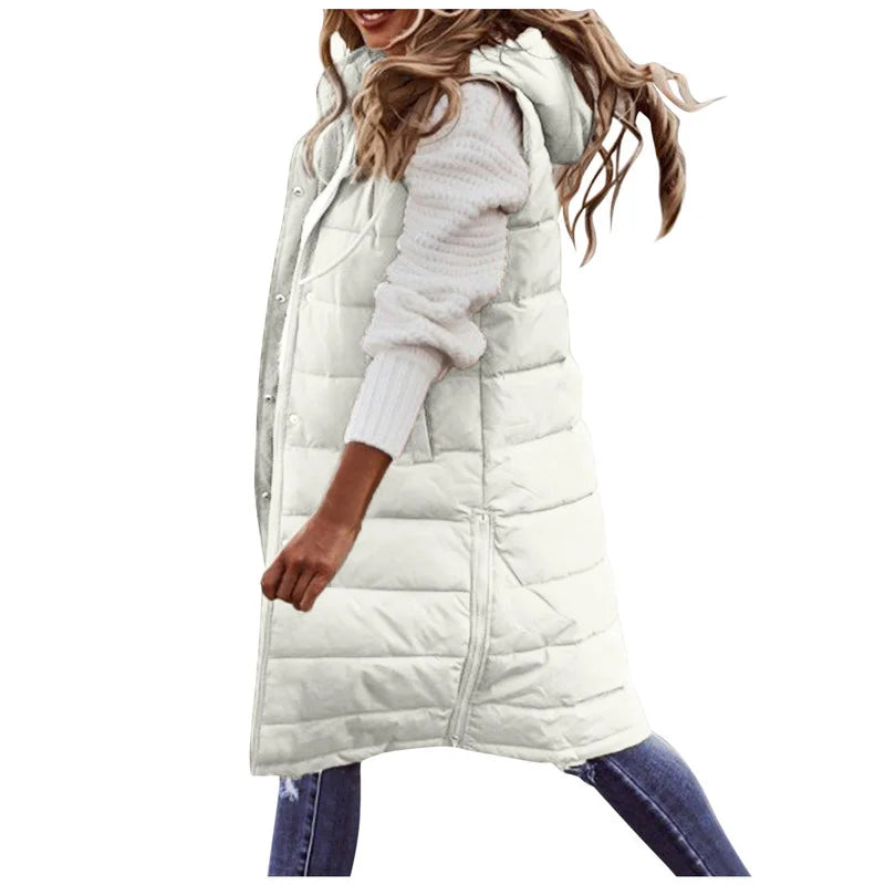 Women's long hooded vest down quilted sleeveless lightweight winter jacket