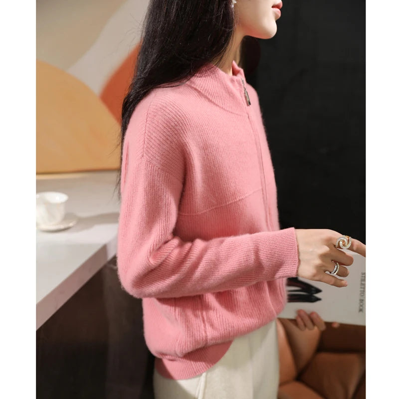 Women's textured half-collar zip cardigan autumn winter