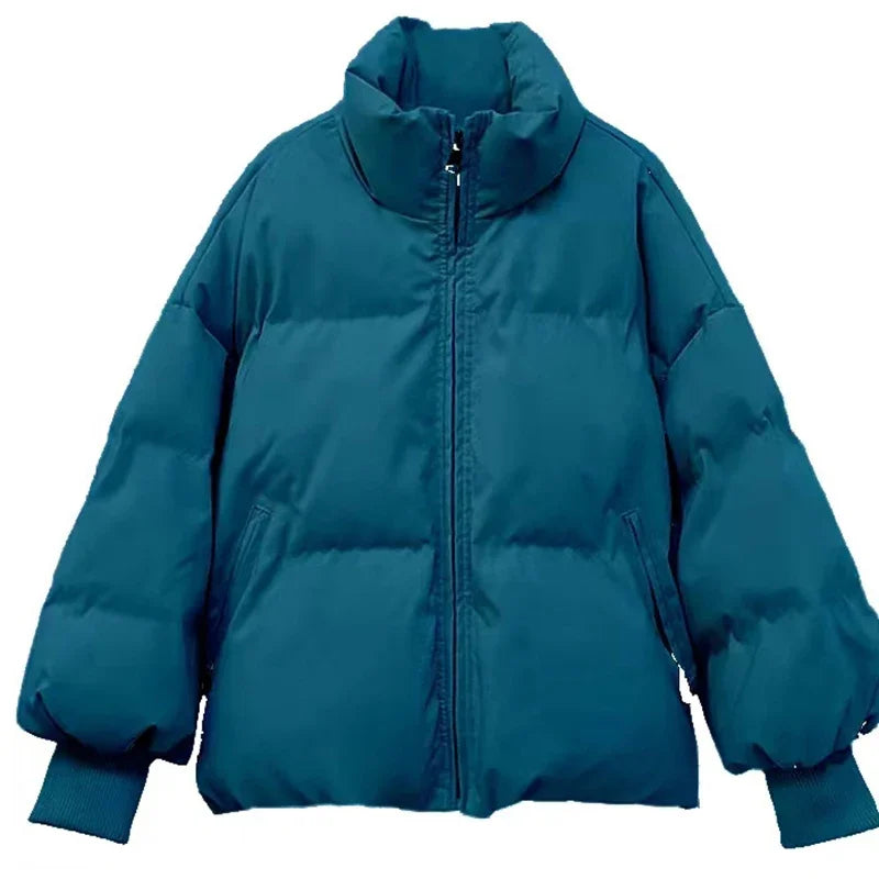 Women's winter puffer jacket with zipper and notched neck