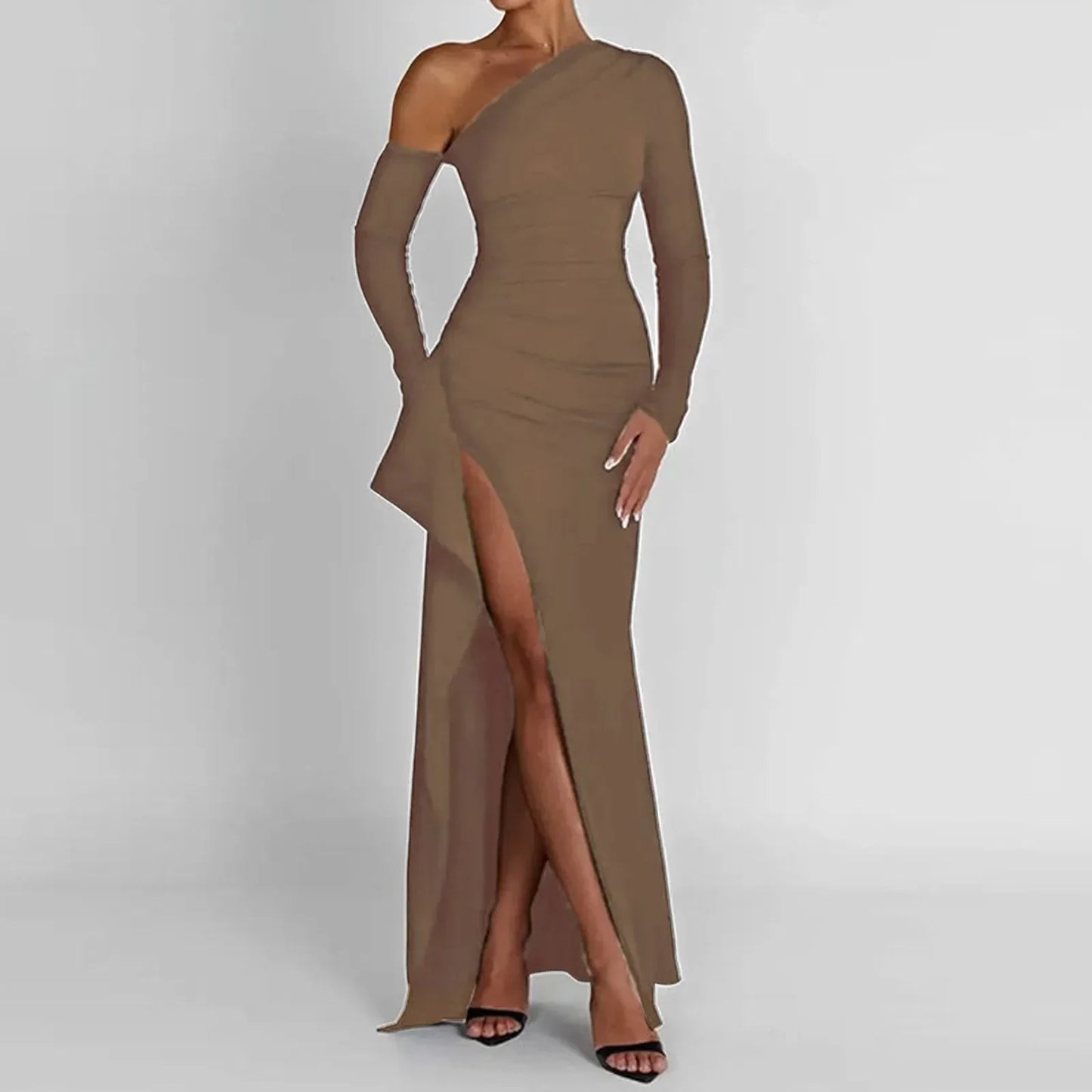 Women's Evening Gown - One Shoulder - Asymmetric Neckline - High Slit - Floor Length